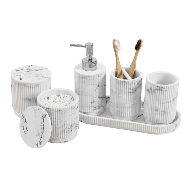 Badezimmer Set 6-TLG | Seifenspender + Zahnputzbecher mit Tablett & Wattestäbchenbox | Design Streif