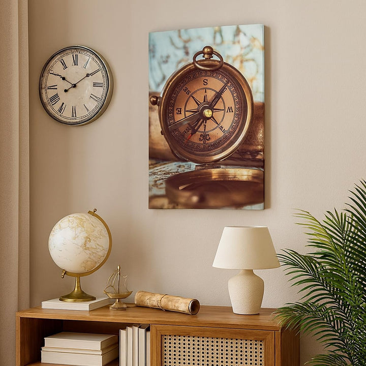 Bilder auf Leinwand 55x100cm Leinwandbild mit Rahmen Kompass Teleskop Abenteuer antik Gross Wanddeko