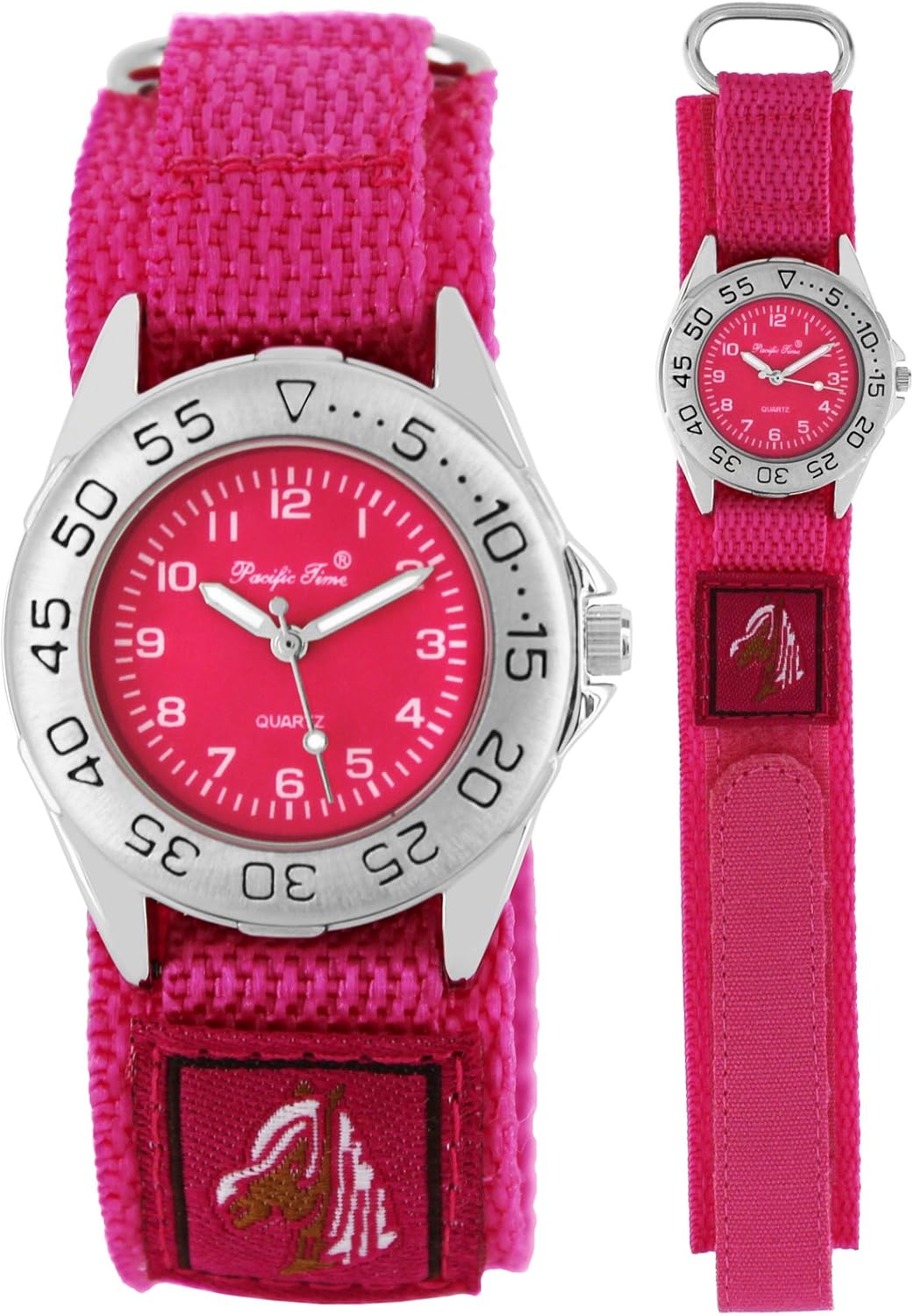 Pacific Time Kinder-Armbanduhr Pferde Mädchen Uhr Klett Textilarmband Analog Quarz rosa pink 21653