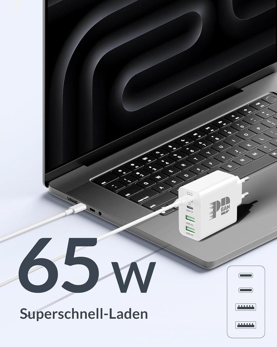 65W USB C Ladegerät, 4-Port GaN Netzteil PD/PPS USBC Schnellladegerät Fast Charger + 240W 2M Typ C S