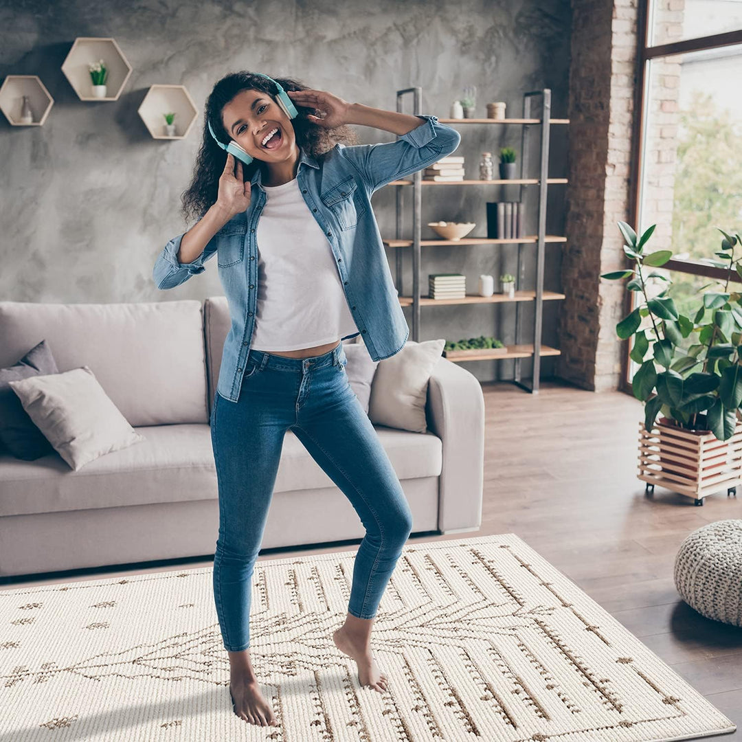 payé Teppich Wohnzimmer - Creme 120x170cm - Ethno Afrika Muster - Hochflor weich Schlafzimmer Flur D