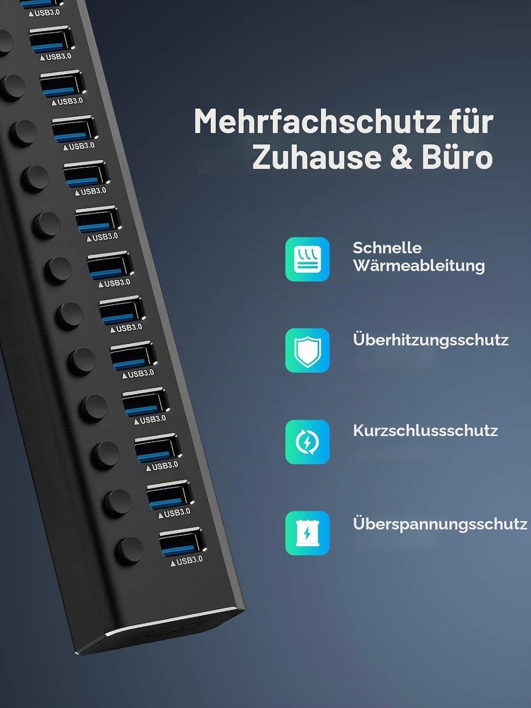 RSHTECH 16 Port USB Hub Aktiv 3.0 mit 100W Netzteil, Aluminium Multiport USB 3.0 Hub mit 12V/8.3A Ne