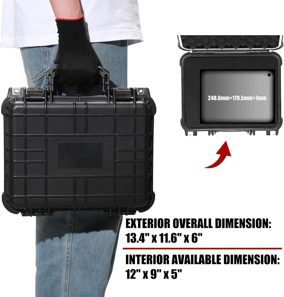 Mayouko Waterproof Plastic Toolbox with Foam Insert, 13.4" x 11.6" x 6", IP67 Lockable Storage Box,