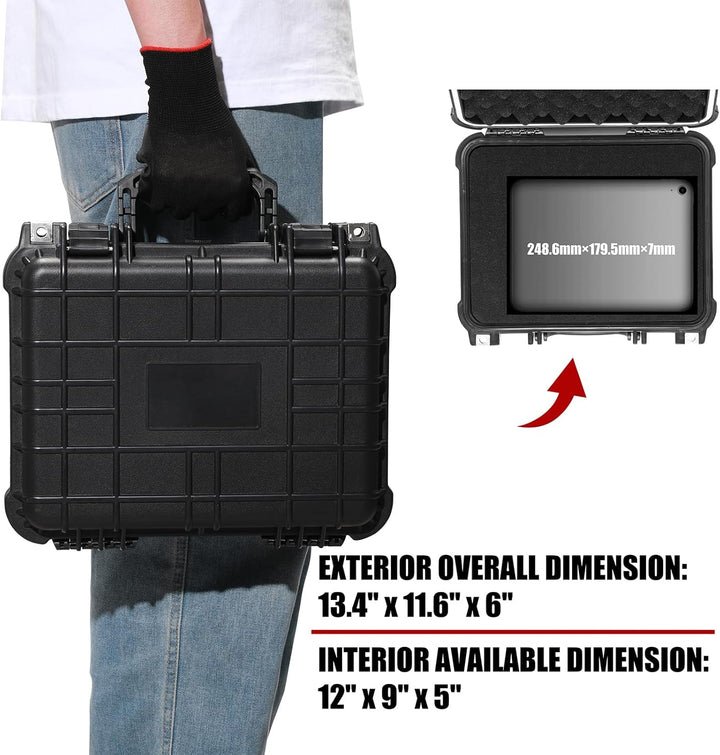 Mayouko Waterproof Plastic Toolbox with Foam Insert, 13.4" x 11.6" x 6", IP67 Lockable Storage Box,