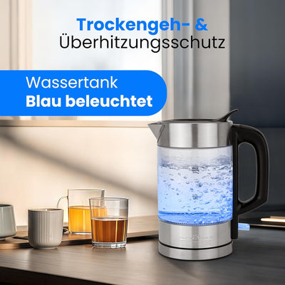 ProfiCook Wasserkocher Glas Edelstahl mit LED Beleuchtung 1 Liter, hitzebeständiger Glaswasserkocher