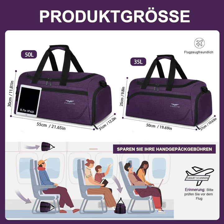 FIORETTO 35L Sporttasche &amp; Reisetasche für Damen und Herren, mit Schuhfach &amp; Nassfach, Wasserdicht T