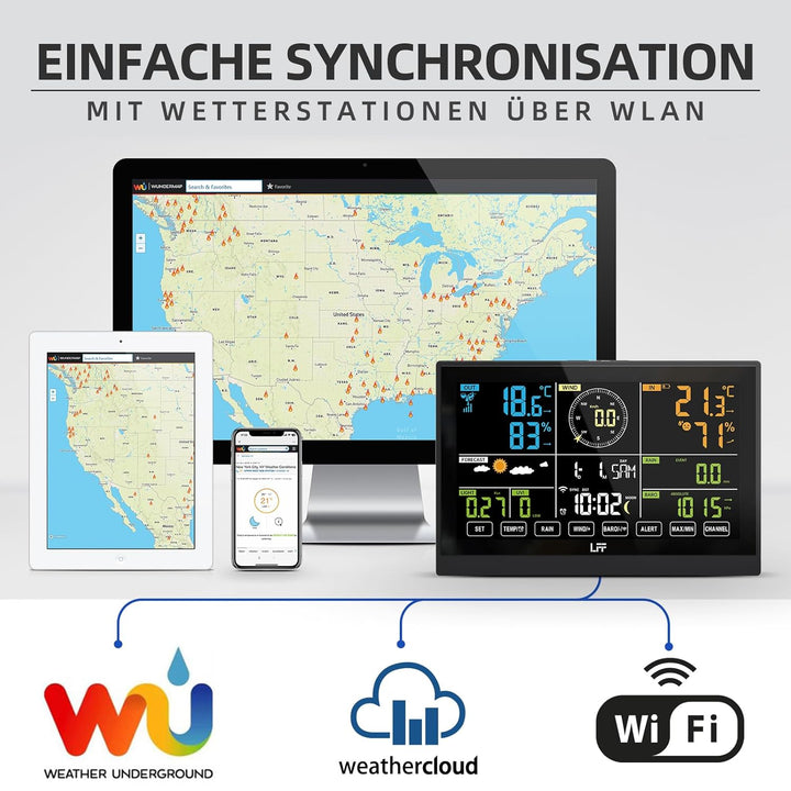 LFF WLAN Wetterstation mit 7in1 Funk Aussensensor, Funkwetterstation mit 7,5-Zoll Digital, Regenmess