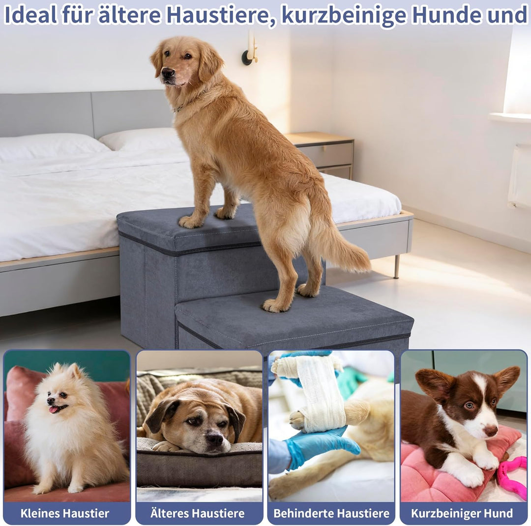 Hundetreppe mit Stauraum, 2 Stufen, faltbar, extra breite Haustierrampe, rutschfeste Hunderampe,Haus