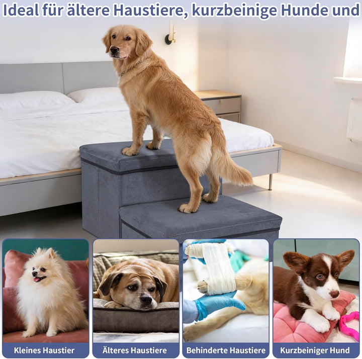Hundetreppe mit Stauraum, 2 Stufen, faltbar, extra breite Haustierrampe, rutschfeste Hunderampe,Haus