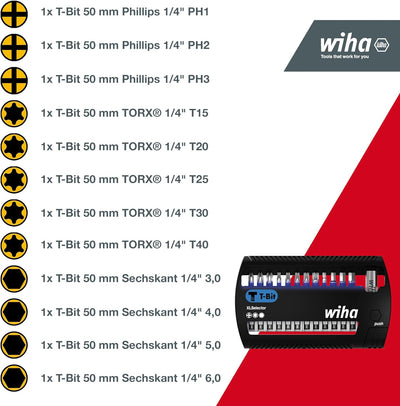 Wiha Bit Set XLSelector 13-tlg. I T-Bit 50 mm PH, TORX, Sechskant 1/4" E6,3 I magnetischer Bithalter