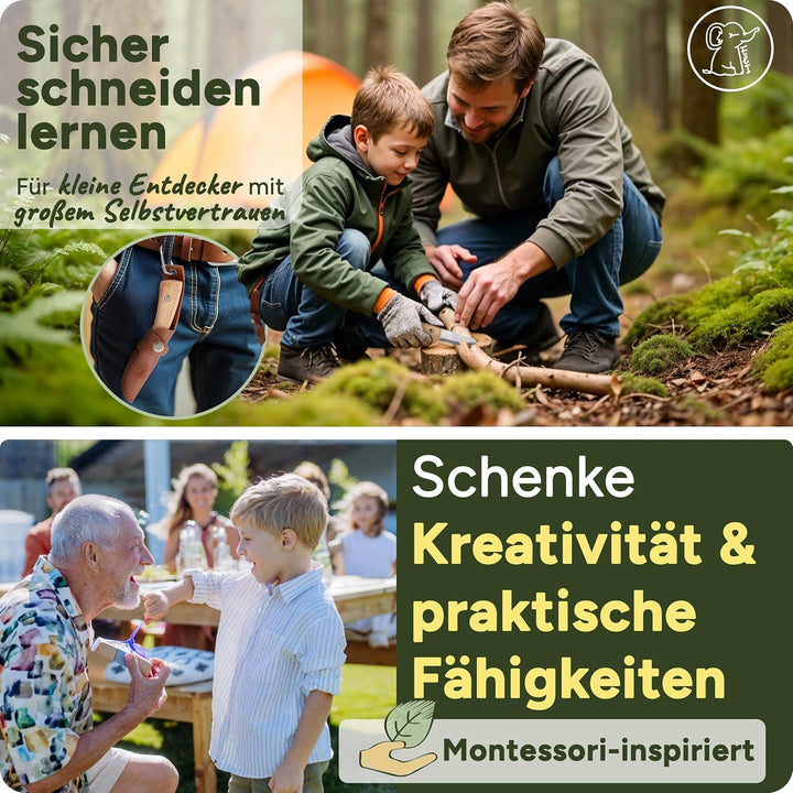 Eli® Schnitzmesser für Kinder mit Schnitzholz und Ledertasche ab 8 Jahre - hochwertiges Kindermesser