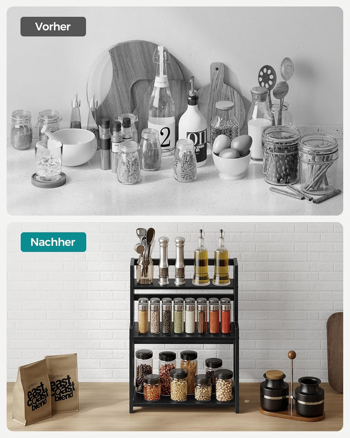 SONGMICS Gewürzregal mit 3 Ebenen, Küchenregal, Aufbewahrungsregal, für Arbeitsplatte, Bambusgestell