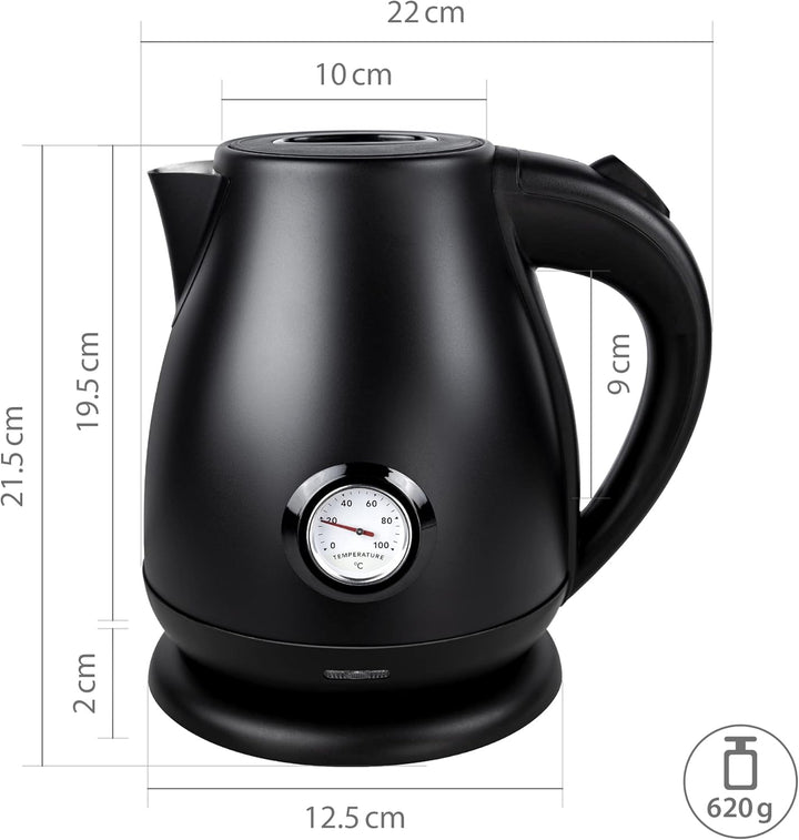 Retro Edelstahl Wasserkocher 1,7 L, Teekocher Retro Vintage, Wasserkessel Matt Schwarz, Kettle, TÜV