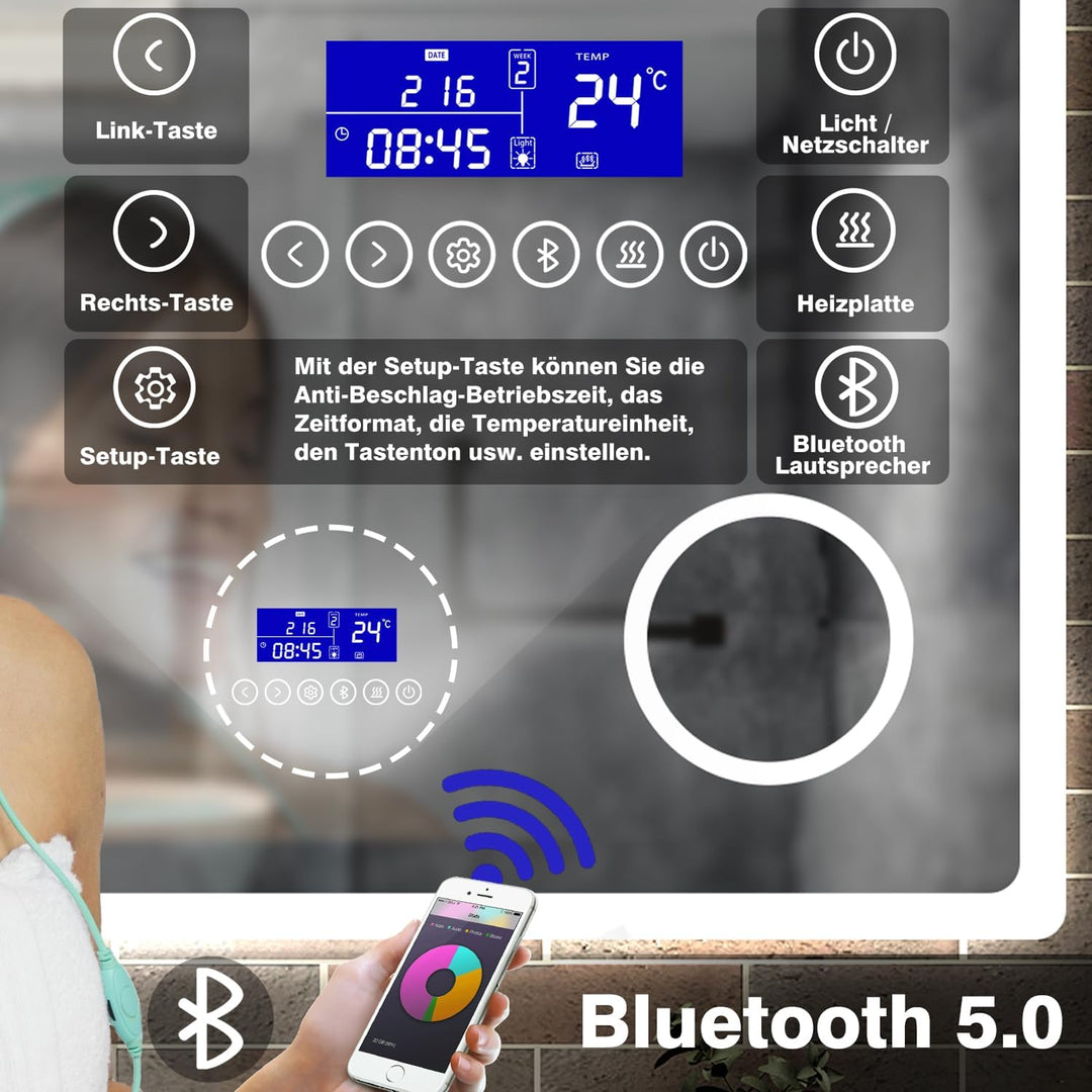 Aica Sanitär LED Badspiegel 80×60cm 2 Lichtfarbe 2700/6000K Wandspiegel mit Bluetooth, Uhr, Touch, B
