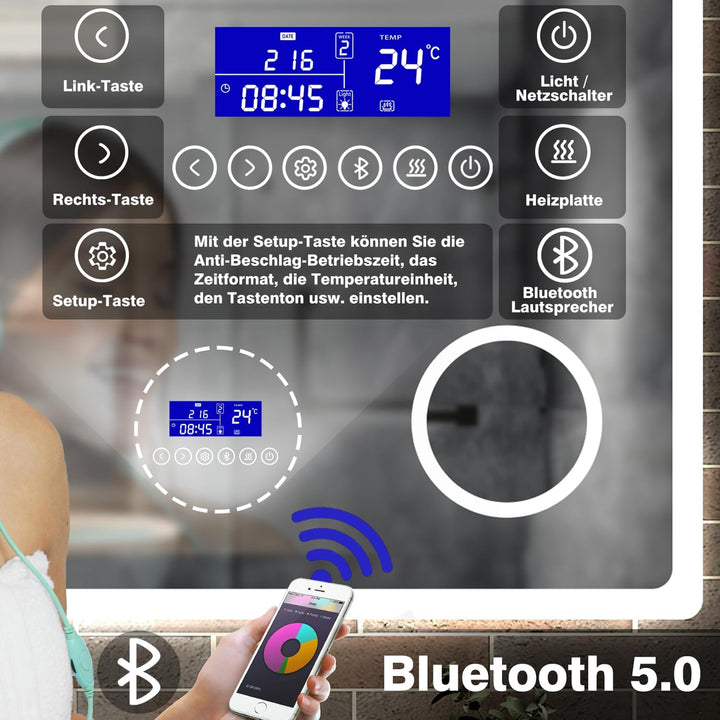 Aica Sanitär LED Badspiegel 80×60cm 2 Lichtfarbe 2700/6000K Wandspiegel mit Bluetooth, Uhr, Touch, B