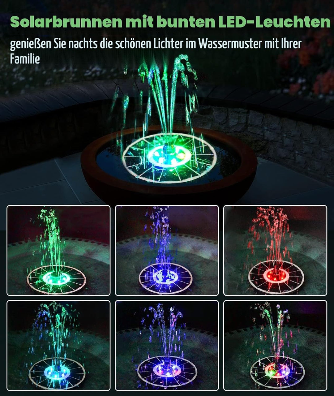 SZMP Solar Springbrunnen für aussen 100% Glas 2023 Upgraded,3.5W Solar Teichpumpe mit 8 Effekte Sola