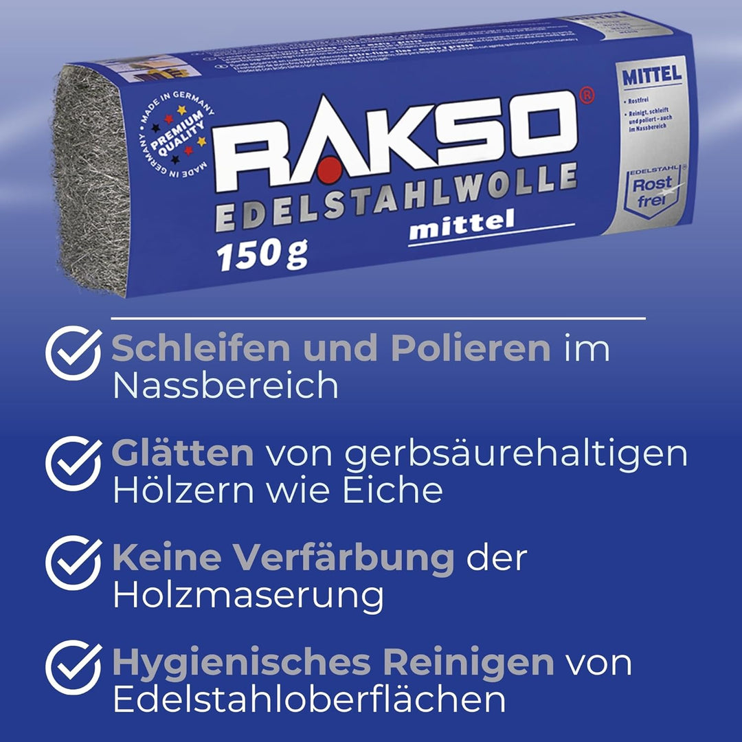 RAKSO Edelstahlwolle mittel - 150g, 1 Banderole, rostfrei, entfernt hartnäckige Ablagerungen von Fli