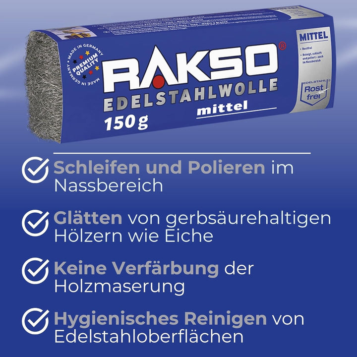 RAKSO Edelstahlwolle mittel - 150g, 1 Banderole, rostfrei, entfernt hartnäckige Ablagerungen von Fli