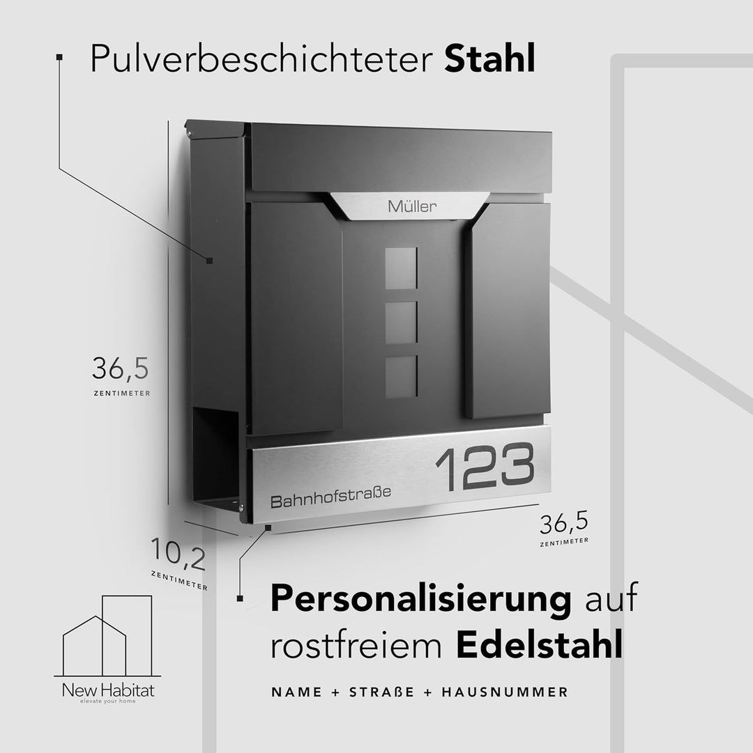 Moderner Briefkasten Personalisierbar Madrid Anthrazit RAL7016 - mit Zeitungsfach - Wandbriefkasten