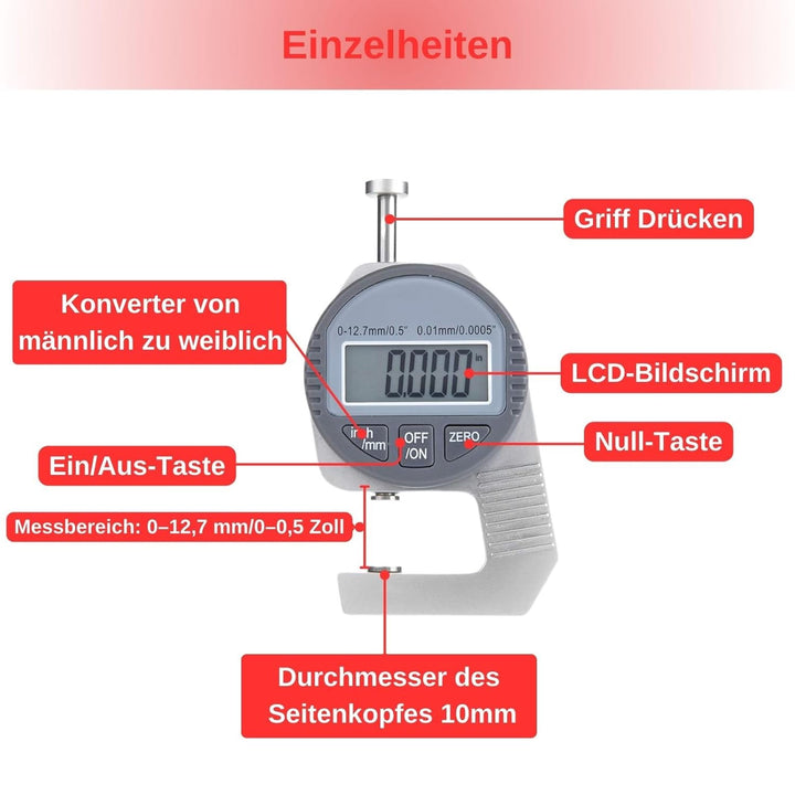 Dickenmessgerät, Digital Thickness Gauge Flat Measure Head Precise LCD Display Readout Percentage El