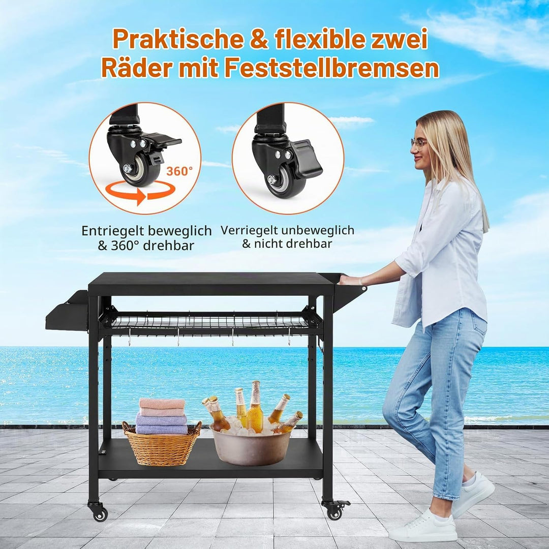 GarveeTech Grillwagen Outdoor – Mobiler Grilltisch mit 3 Ablagen, Gitterablage, Rollen &amp; Haken für G