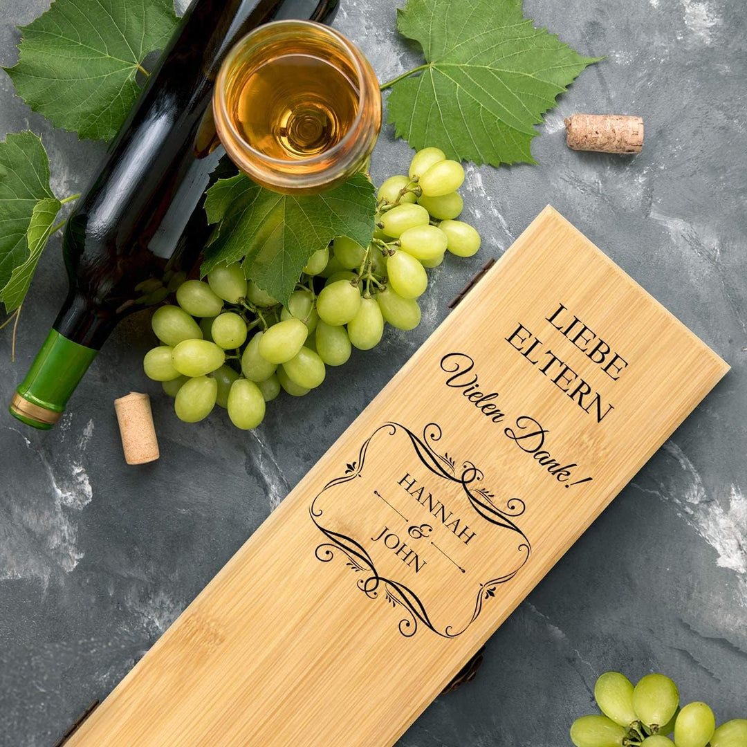 Maverton Weinbox für 0,7L Weinflasche - Wein Holzbox personalisiert + 4er Weinzubehör - Weinset Wein