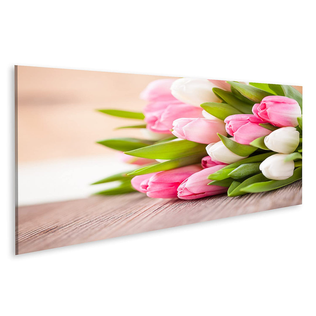 islandburner Bild auf Leinwand Strauss Tulpen Rosa Weiss Auf Tisch Bilder Wandbilder Poster Leinwand