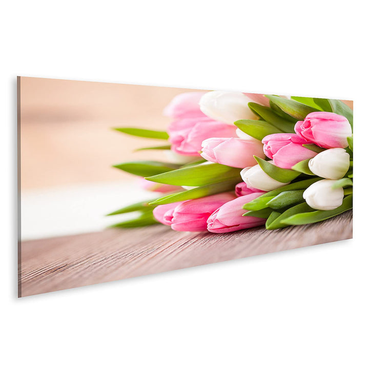 islandburner Bild auf Leinwand Strauss Tulpen Rosa Weiss Auf Tisch Bilder Wandbilder Poster Leinwand