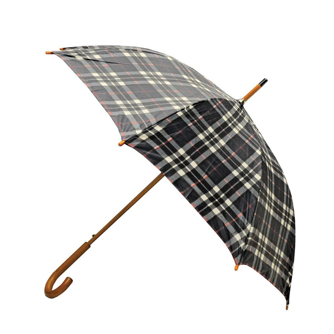 Rainbrella Klassischer automatisch öffnender Regenschirm mit Echtholzhakengriff Black Plaid, Black P