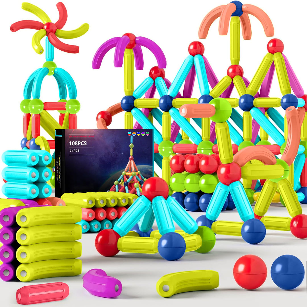108 Pcs Magnetische Bausteine Spielzeug, 3D Konstruktions Spielzeug, Magnetspielzeug für Kinder, Päd