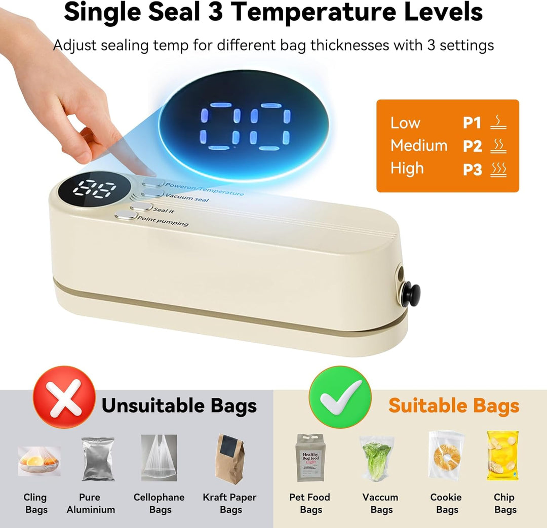 Mini Vakuumierer, Tragbar 60 KPA Folienschweissgerät mit 3 Temperaturstufen, 5 Beutel, 1 Inflator Ad