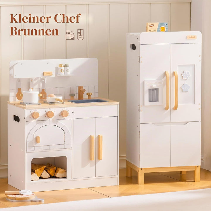 ROBUD Spielküche Holz für Kinder, Pizzaofen Kinderküche mit Kochgeschirr &amp; Pizzaschneider-Zubehör, R