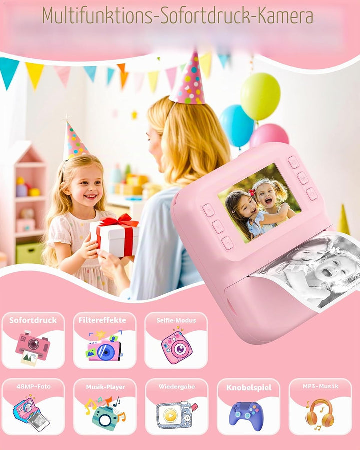 Sofortbildkamera Kinder 48MP, 1080P Video Kinderkamera mit Sofortdruck, 2,4 Zoll IPS Spielzeug Kamer