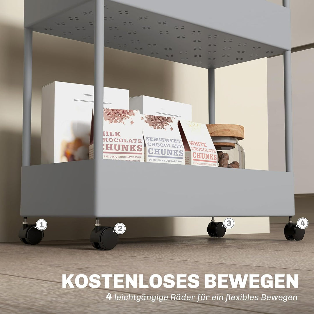 HOMCOM Servierwagen mit 4 Ebenen Küchenwagen mit Rollen Rollwagen mit Haken Küchenrollwagen Allzweck