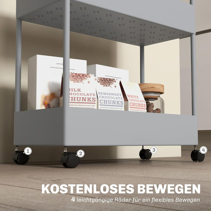 HOMCOM Servierwagen mit 4 Ebenen Küchenwagen mit Rollen Rollwagen mit Haken Küchenrollwagen Allzweck