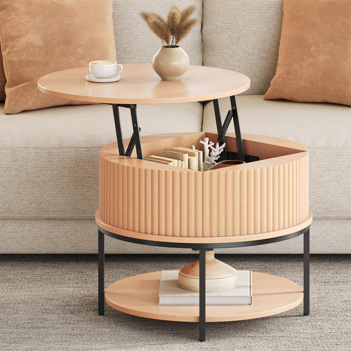 YITAHOME Couchtisch Höhenverstellbar, Couchtisch Rund mit geriffeltem Design und verstecktem Staurau