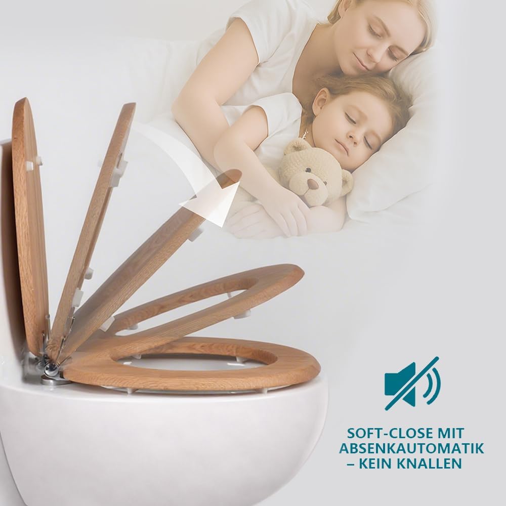 WC-Sitz aus Massivholz – Eiche, mit Absenkautomatik, Schnellverschluss & Easy-Clean, Soft-Touch – PI