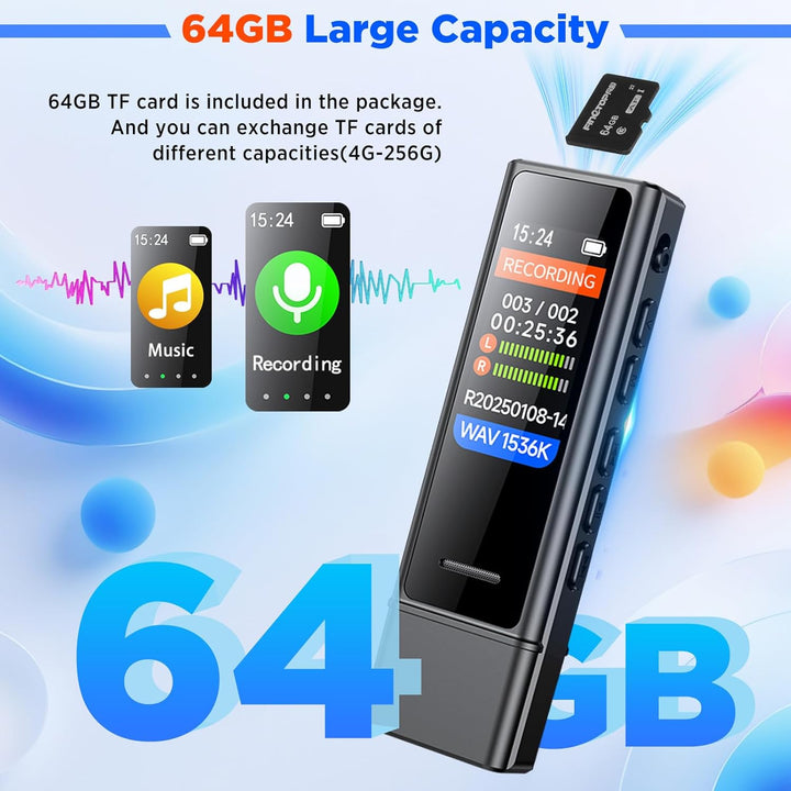 64 GB Digitaler Sprachrekorder, HD-Diktiergerät mit Zwei Mikrofonen und Geräuschunterdrückung, tragb