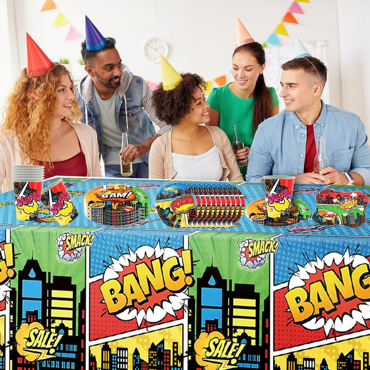 Doyomtoy 61 Stück Kindergeburtstag Party Set mit Superhelden Cartoon dekorative Geschirr einschliess