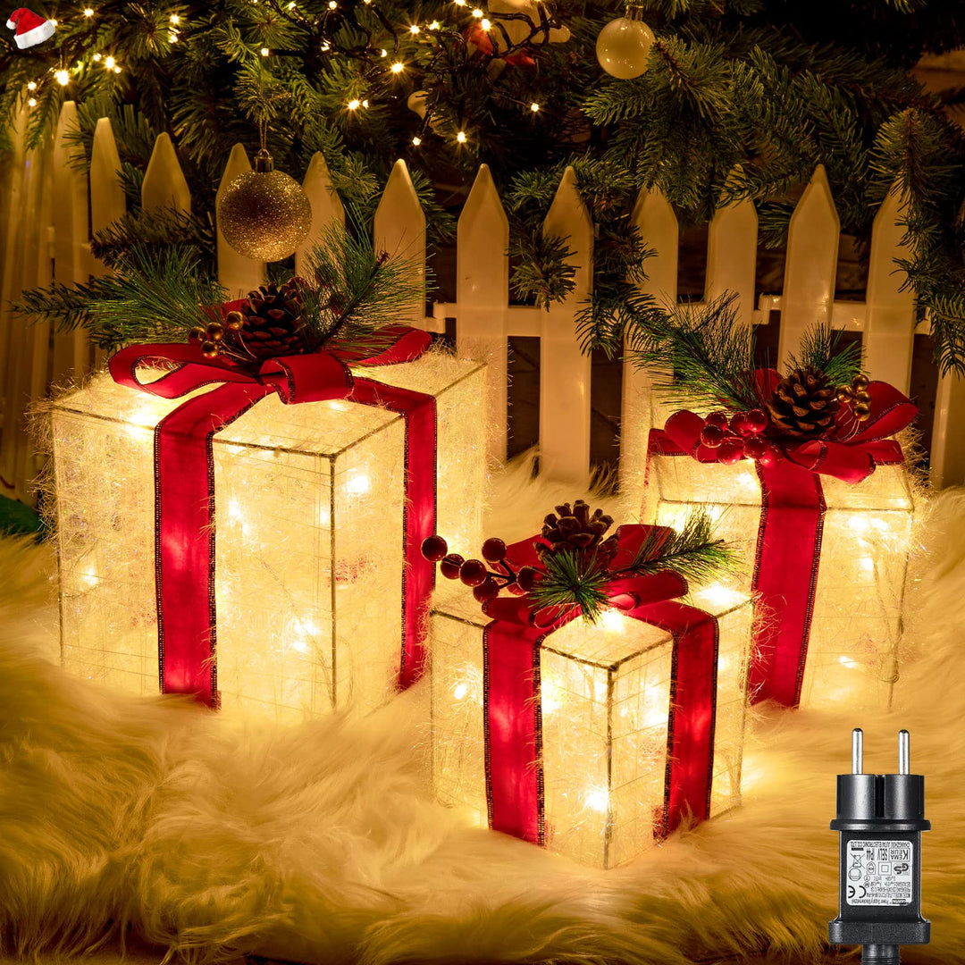 Elktry 3er LED Weihnachtsdeko innen, Geschenke Leucht Boxen mit Schleife aussen, Weihnachtenbox Bele