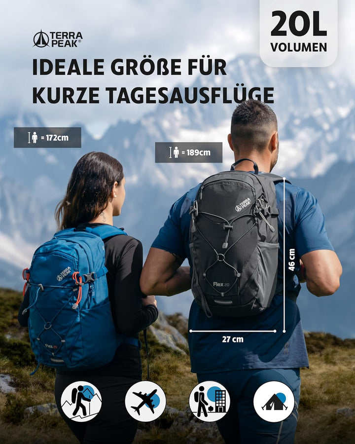 Terra Peak® Premium Wanderrucksack 20L (FLEX 20) klein mit Rückenbelüftung, Regenschutz & Trinksyste