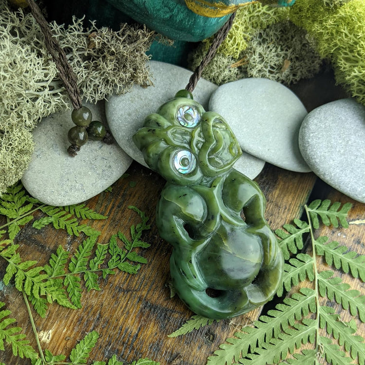 81stgeneration Anhânger Halskette Abalone Gross HEI Tiki Handgeschnitzte Nephrit-Jade für Herren