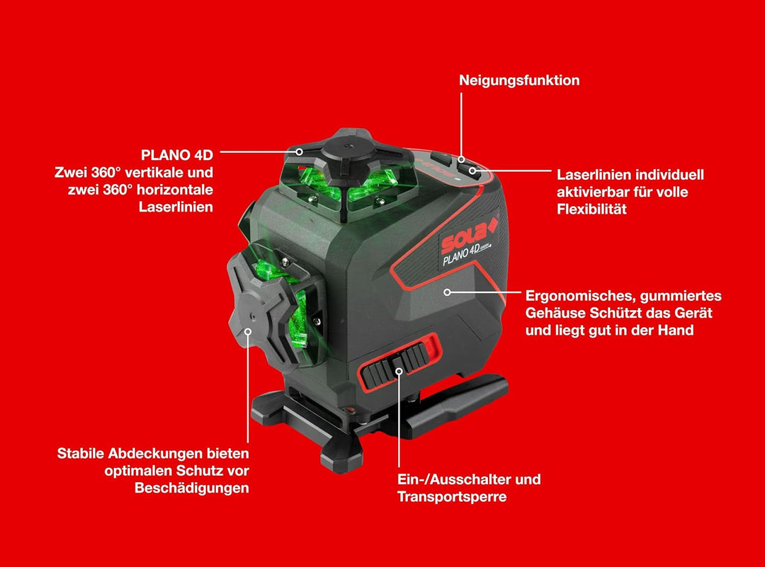 SOLA PLANO 4D GREEN Kreuzlinienlaser, 4 x 360° Linienlaser - Laser Messgerät mit Real Green Technolo