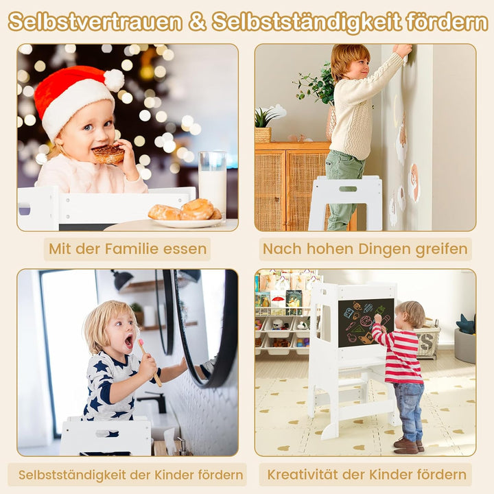 DREAMADE Lernturm ab 1 Jahr, Tritthocker Holz mit doppelseitiger Tafel, Learning Tower Höhenverstell