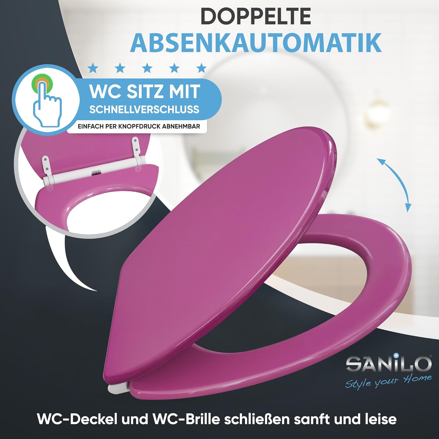 Sanilo WC Sitz mit Absenkautomatik & Schnellverschluss, Toilettendeckel per Knopfdruck abnehmbar, ei