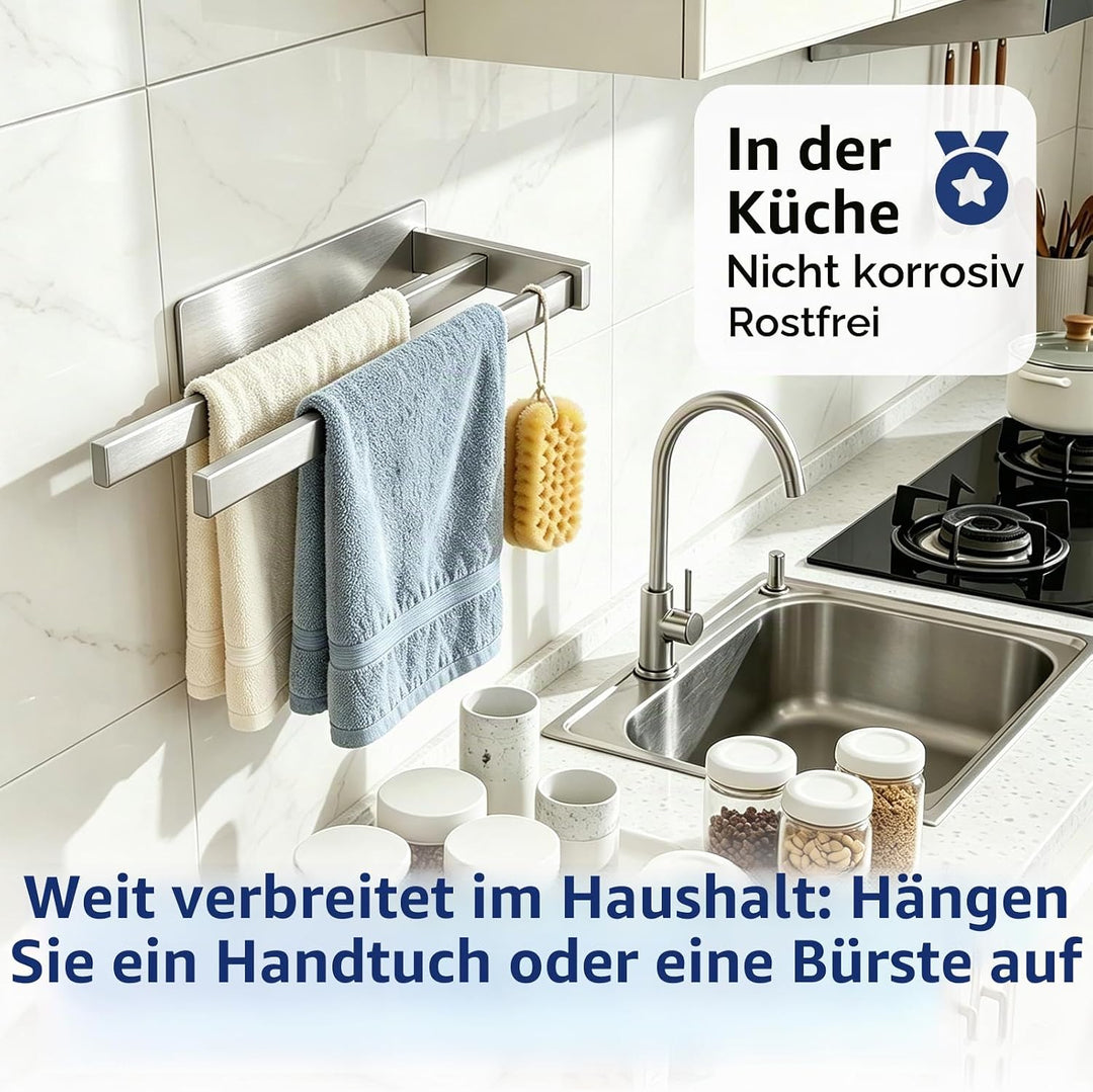 Feligio Handtuchhalter zum Kleben 36cm für Küche Bad Dusche, Handtuchstange Silber Doppelstange, Sil