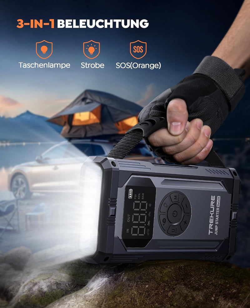 TREKURE Auto Starthilfe Powerbank mit Luftkompressor, 150PSI 4000A Spitzenstrom Starthilfe Powerbank