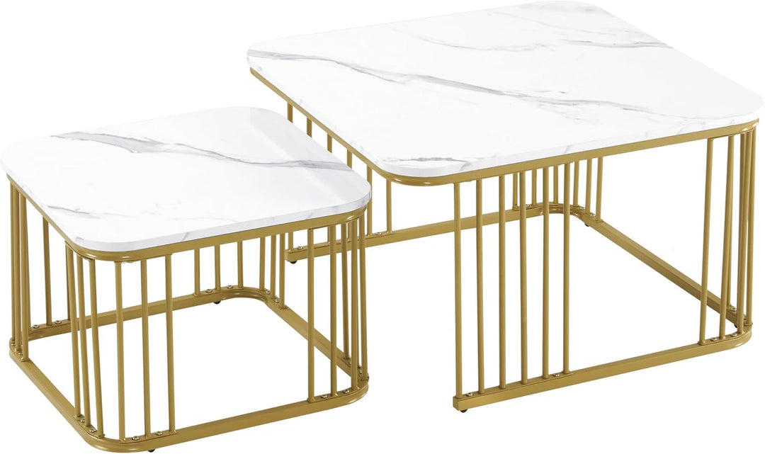 Merax Quadratisch Couchtisch 2er Set, Moderne Wohnzimmertisch mit Marmor Furnier, Hochglanz Satztisc