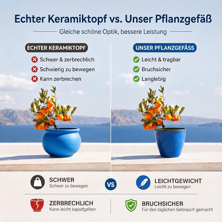 Jinfa Blumenkübel aus Kunststoff in glasierter Keramikoptik | Farbe: Jun Glasur blau | Design: Santo