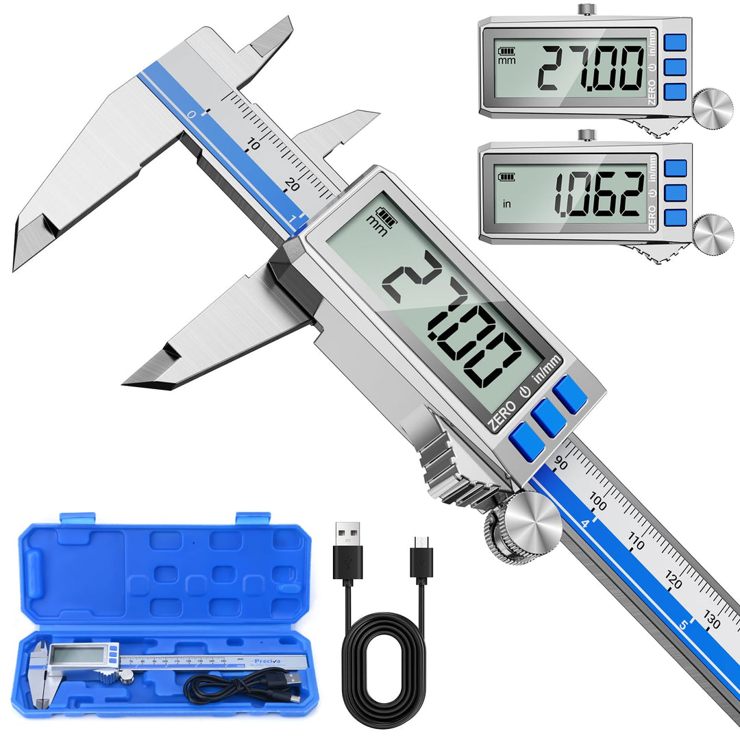 Preciva Digitaler Messschieber Aufladbar, 150 mm/0-6 Zoll Schieblehre Edelstahl, IP54 Schutz, LCD Di